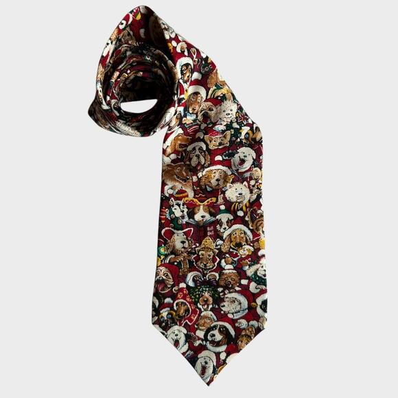 Woodward Vintage Silk Mens Neck Tie Christmas Holiday Dogs Santa Hats - Picture 1 of 8